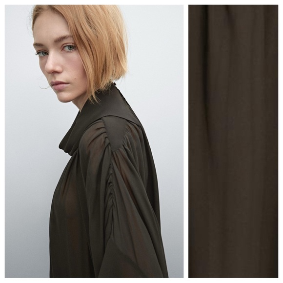 NWT. Massimo Dutti Brown Semi-Sheer Voluminous Blouse. Size XS-S. - Picture 2 of 11